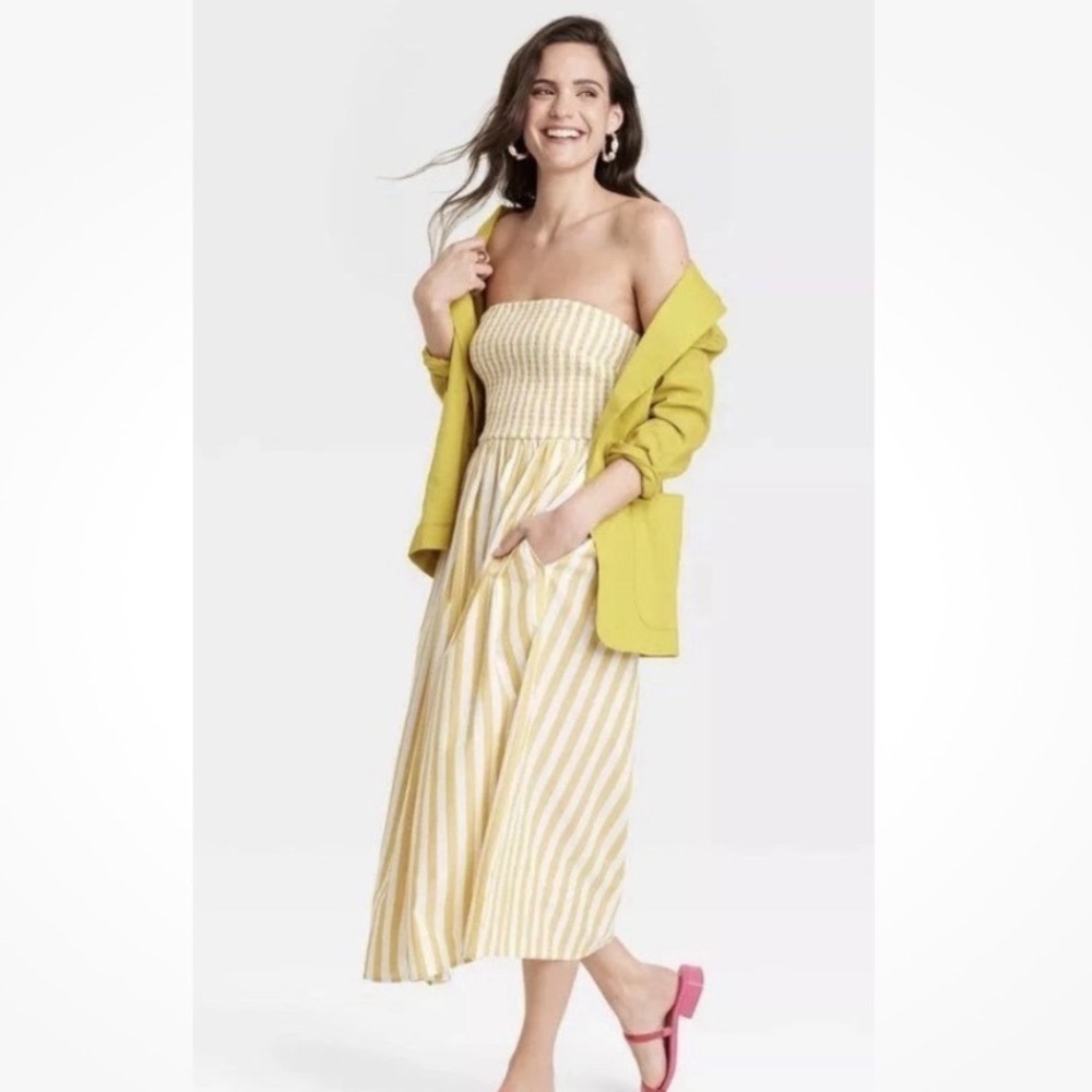 A New Day | Woman's Yellow White Striped Smocked Sundress Midi Dress, Size S